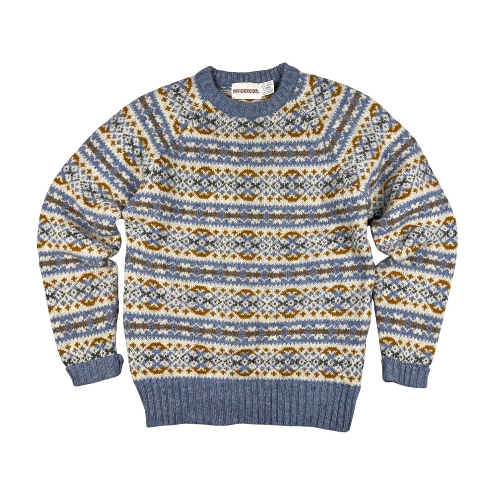 Vtg 70s McGregor Fair Isle‎ Wool Blend Sweater Men's Large Blue Made USA Guam